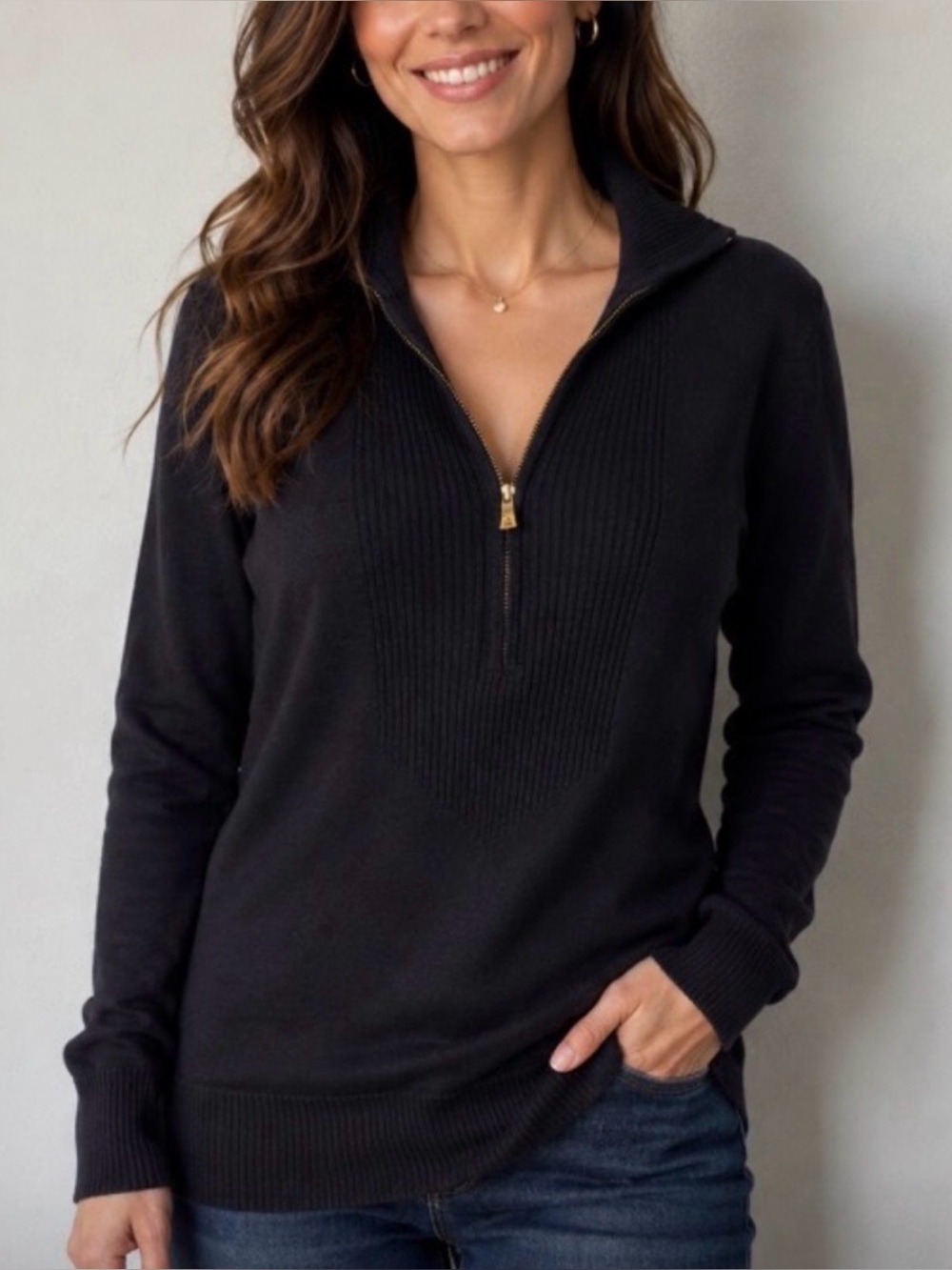 Tory Burch Black Longline Wool Blend Ribbed Half Zip Sweater